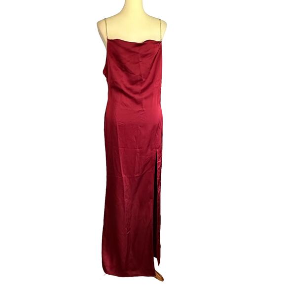 NBD Red Satin Maxi Slip Dress MEDIUM Gown Cowl Backless Slit Formal $258 NEW - Picture 4 of 9